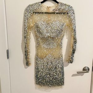 Jovani Nude Sheer Long Sleeve Beaded Short Dress- Size 00